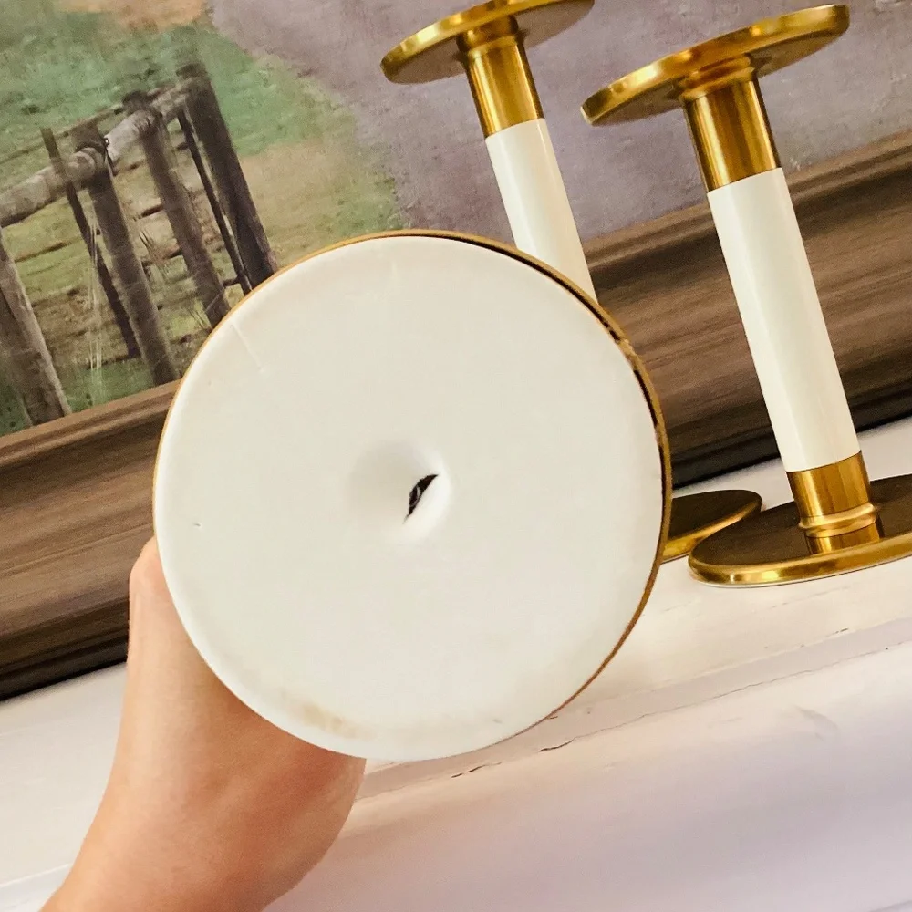 set of 3 IKEA Glittrig candlesticks gold and ivory Discontinued Tapered Pillar